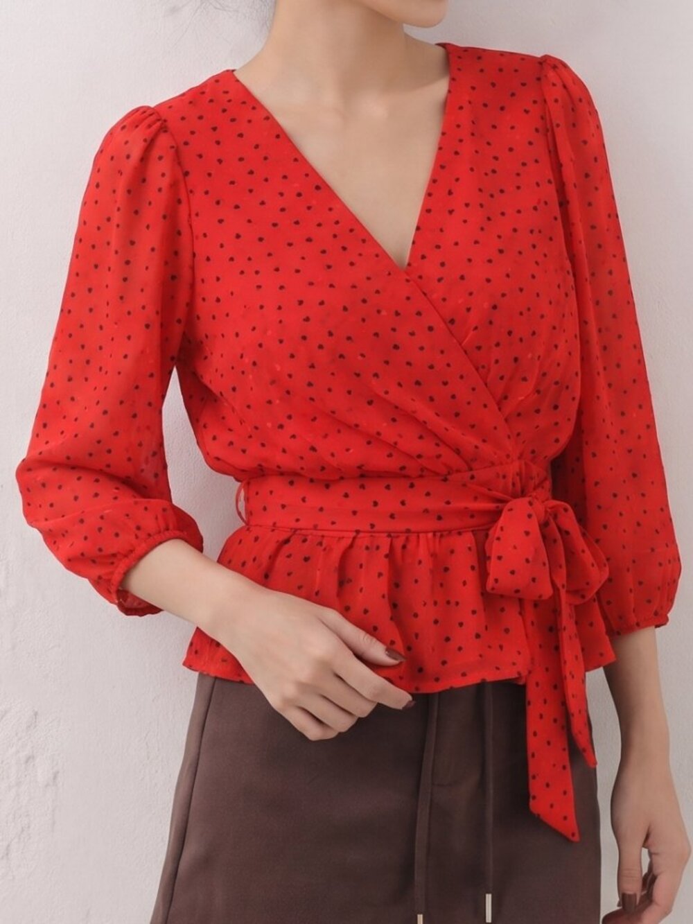 Meraki Red Heart Print Clip Dot Faux Wrap Blouse Peplum Tie Waist 3/4 Sleeve Top
